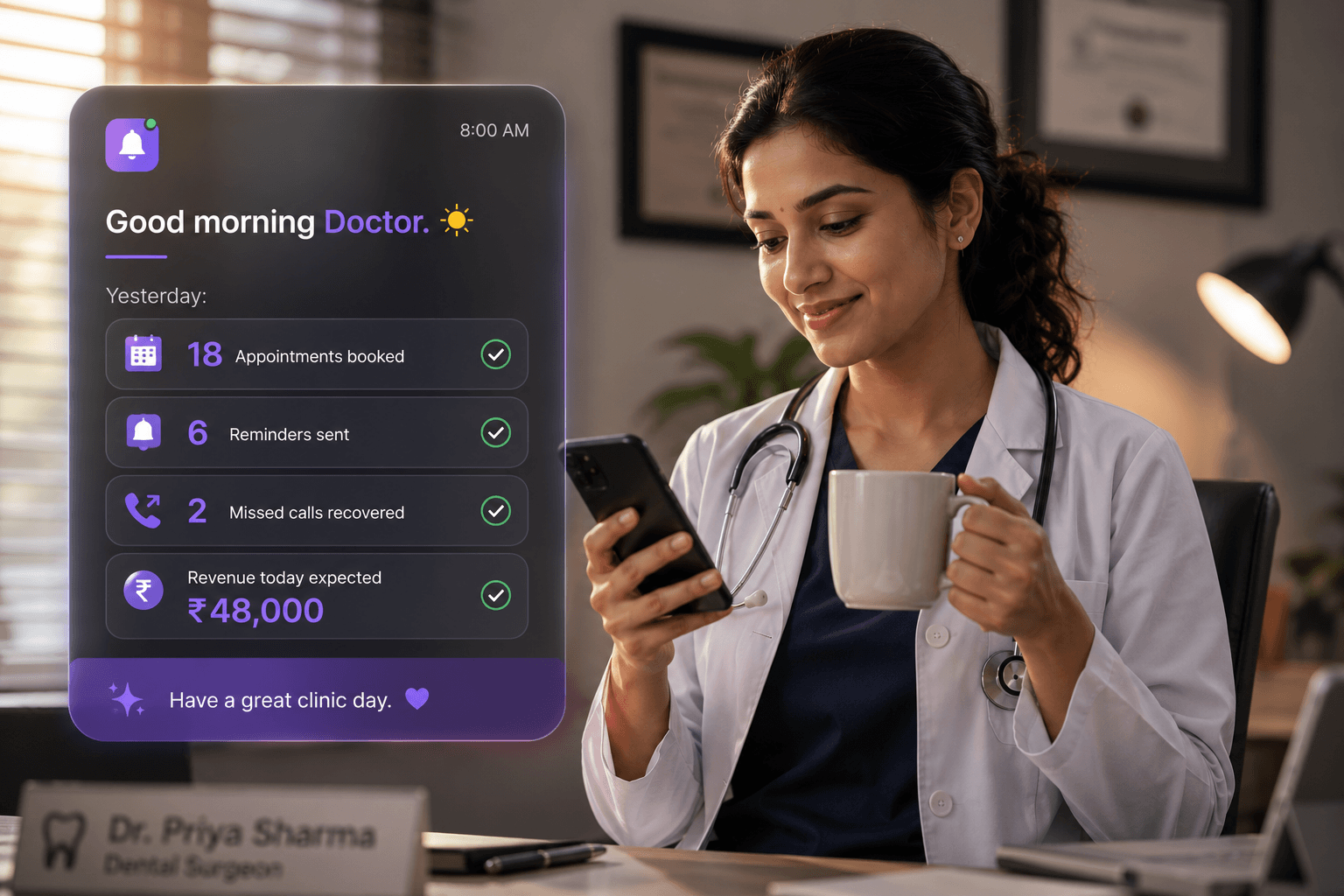 Good-morning digest with appointments, reminders and expected revenue